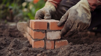 Mason laying bricks for a decorative garden wall. Featuring masonry work
