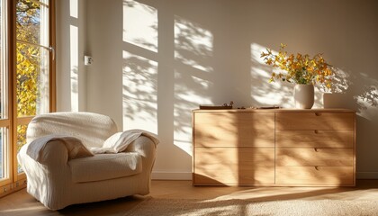 The scene unfolds within a light-filled Scandinavian room, where minimalist aesthetics reign supreme Sunlight streams through the windows, casting intricate patterns on the walls, creating a dance of