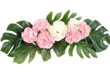 A floral arrangement of pink and white carnations with lush green Monstera leaves on a transparent background