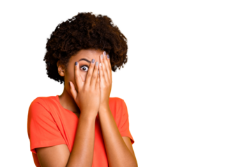 Copyspace photo of scared terrified casual lady covering her face with hands not to see terrifying things she is afraid of while isolated over vibrant color background