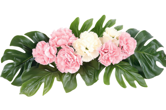 A floral arrangement of pink and white carnations with lush green Monstera leaves on a transparent background