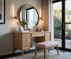 Elegant bedroom vanity with mirror and decorative accessories features