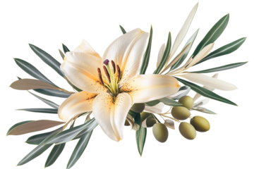 A soft floral arrangement featuring a large, elegant lily surrounded by olive leaves and fruit on a transparent background