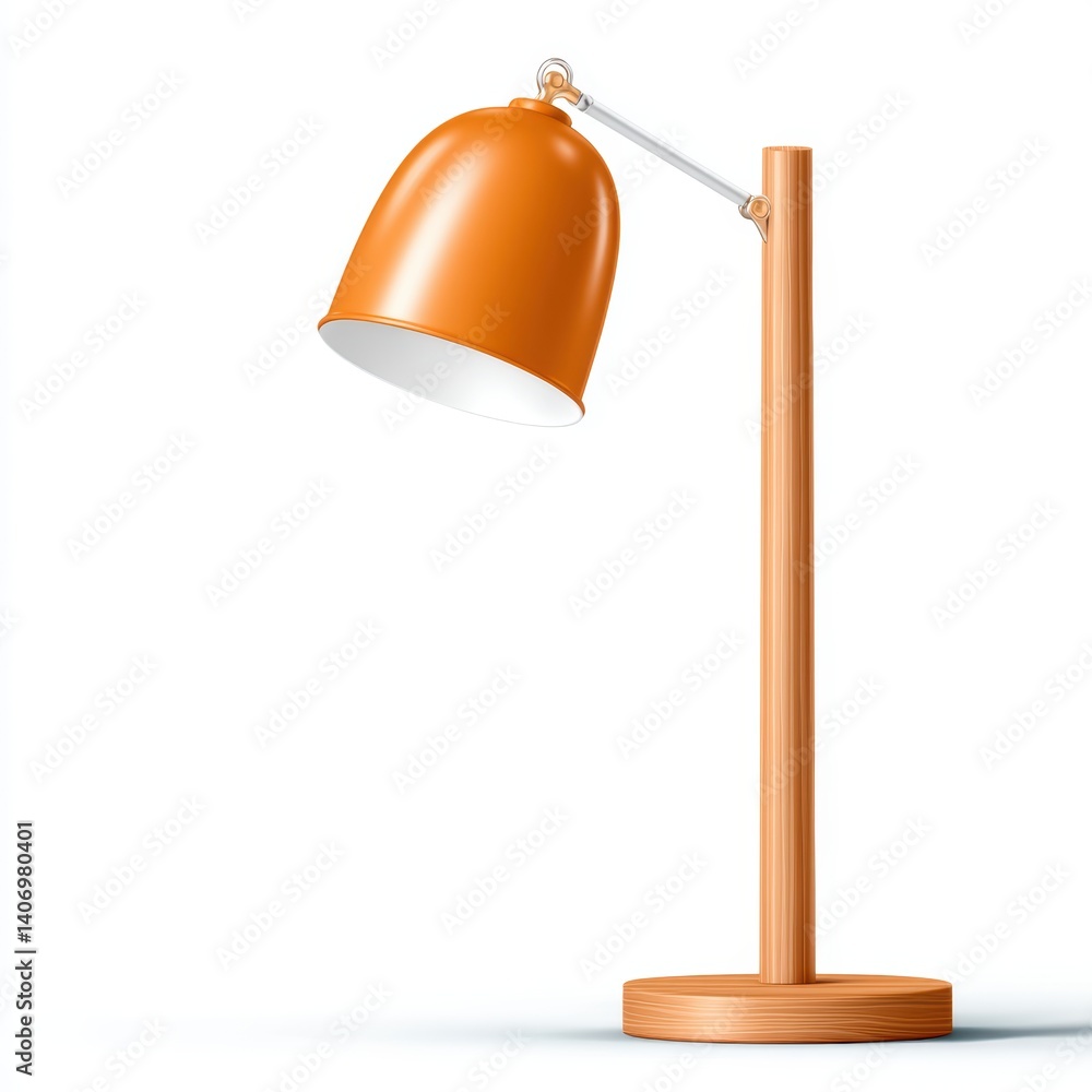 Poster a modern desk lamp with an orange shade and wooden base, showcasing minimalist design and functional