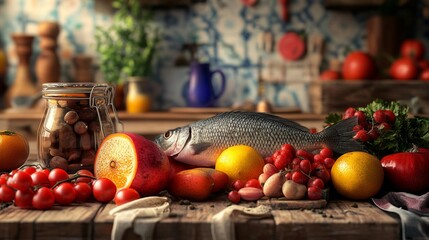 Rustic kitchen with fresh vegetables and whole fish
