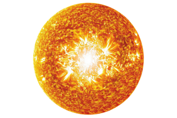 Intense, radiant orb of plasma. The spherical star emitting bright flares with detailed surface on a transparent background