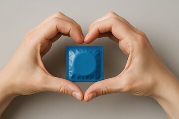 Condom within Heart Shape Formed by Hands Symbolizes Safe Sex and Love, Promoting Protection and Responsibility in Relationships.