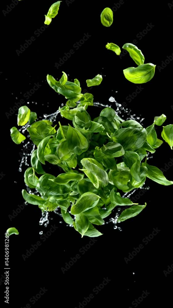 Poster Super slow motion of rotating basil leaves on black background with splashing water. Ultimate perspective and motion. Filmed on high speed cinema camera, 1000 fps. Vertical aspect ratio.