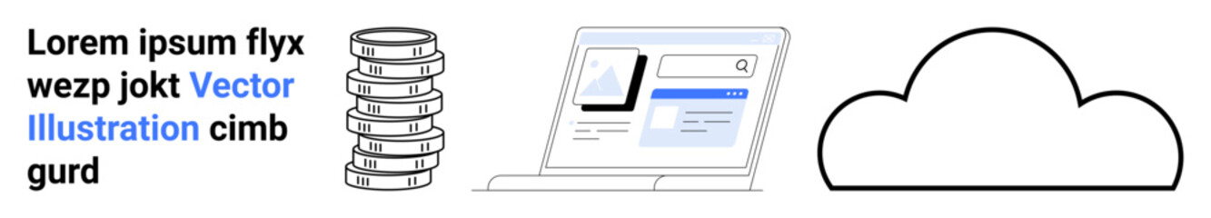 Stacked disks, laptop displaying website interface, and cloud icon suggest cloud data storage, database management, and online content. Ideal for technology, cloud computing, data storage, website