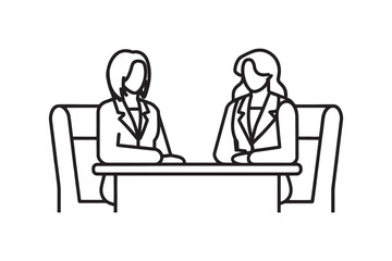 Two women converse, one wearing a business suit, in a formal office environment line art flat vector illustration.