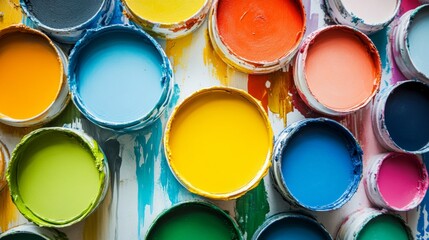 Fototapeta premium Open cans of colorful paint arranged in overhead view