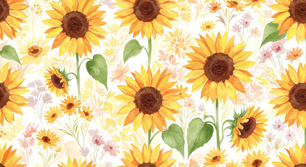 Vibrant sunflowers and delicate wildflowers dance in a watercolor summer garden, showcasing a joyful, bright, and sunny aesthetic with soft pastel accents.
