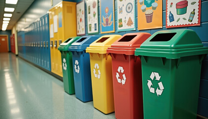 Recycling bins. Row of recycle bins in elementary school corridor with lockers and posters