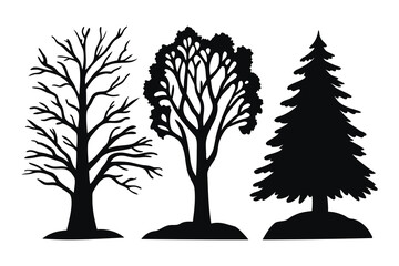 Obraz premium Winter trees silhouettes set isolated flat vector illustration on white background.