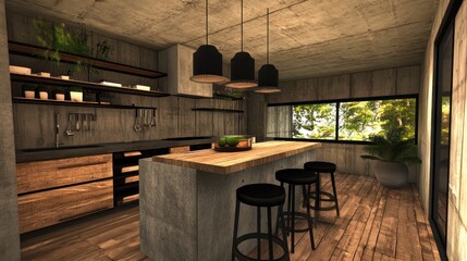 Obraz premium Modern concrete kitchen island, wood floors, jungle view. Interior design, home decor