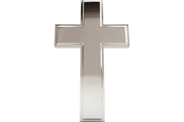 A shiny, metallic cross stands out from a stark transparent background, reflecting light in a smooth, modern design