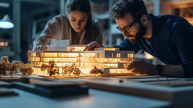 building the future with architects and engineers focused on detailed scale model illuminated by warm spotlight in creative architecture and engineering workspace