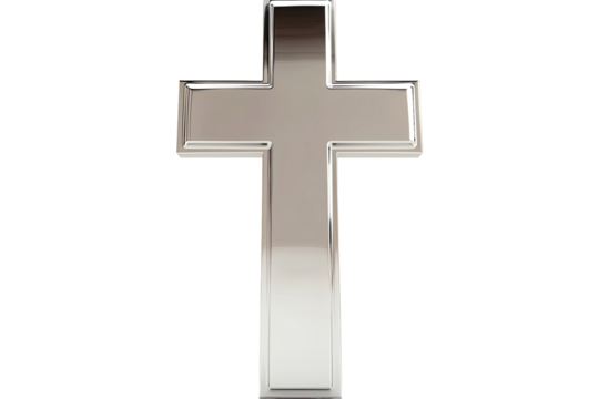 A shiny, metallic cross stands out from a stark transparent background, reflecting light in a smooth, modern design