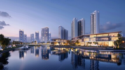 Obraz premium Modern city skyline reflecting on calm water