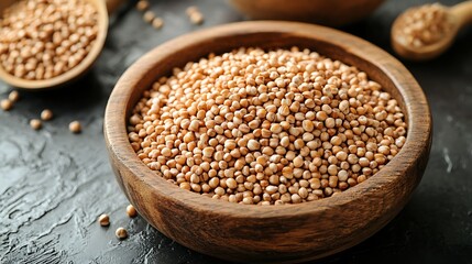 Fototapeta premium buckwheat bowl filled with nuts on dark surface with extra nuts scattered nearby creating a natural rustic meal scene focused on wholesome ingredients