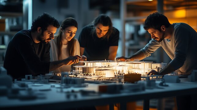 building the future with architects and engineers focused on detailed scale model illuminated by warm spotlight in creative architecture and engineering workspace