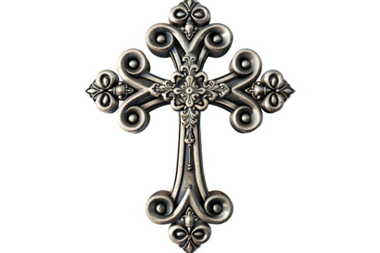 Ornate metallic cross with intricate details against a transparent background, conveying faith and tradition