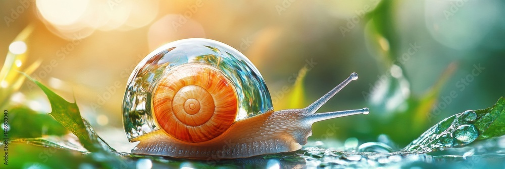 Poster snail with a crystal shell reflecting leaves and sky in a whimsical nature setting
