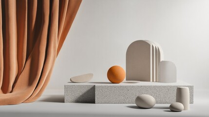 Minimalist abstract scene with geometric forms and orange sphere