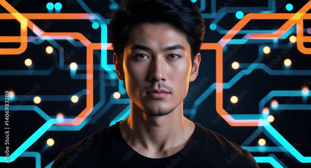 Poster caucasian man on black theme glowing tech circuit background design template banner with copy space