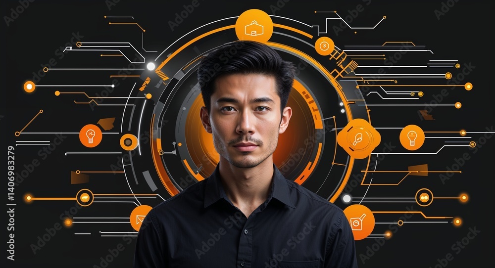 Poster caucasian man on black theme innovative tech structure background design template banner with copy s