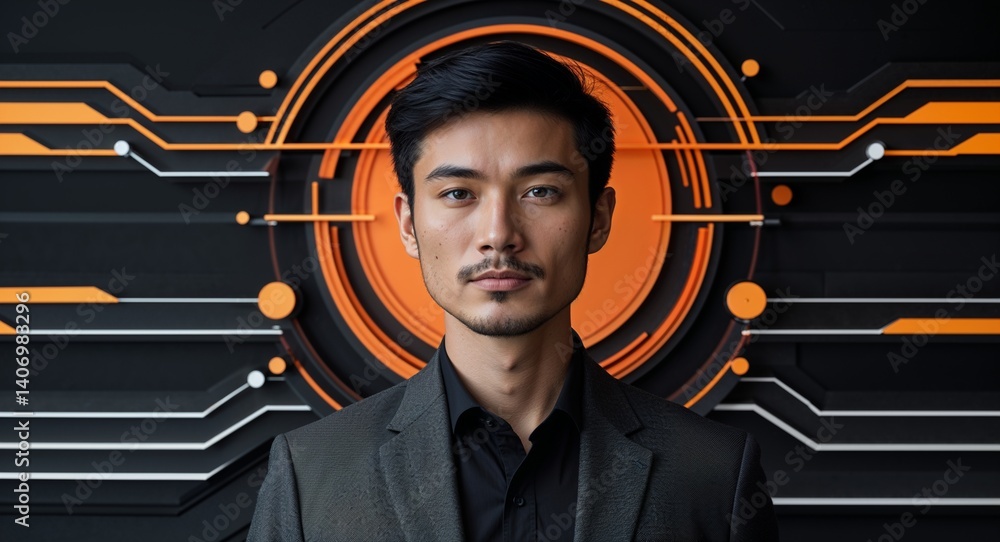 Poster caucasian man on black theme virtual signal layers background design template banner with copy space