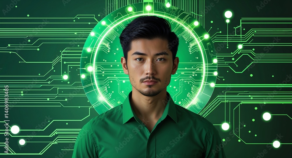Poster caucasian man on green theme glowing tech circuit background design template banner with copy space