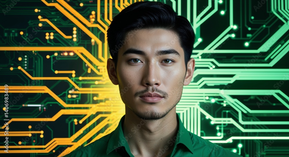 Poster caucasian man on green theme glowing tech circuit background design template banner with copy space