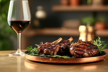 Grilled lamb chops and red wine on a copper platter.