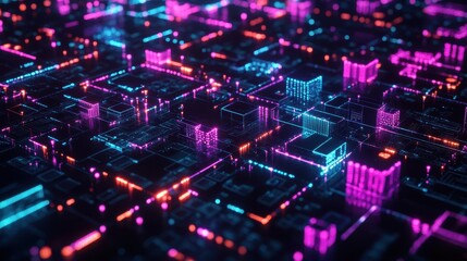 Futuristic Neon Cityscape with Vibrant Lights and Technology Design