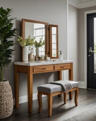 A stylish wooden vanity with a stool and multiple mirrors