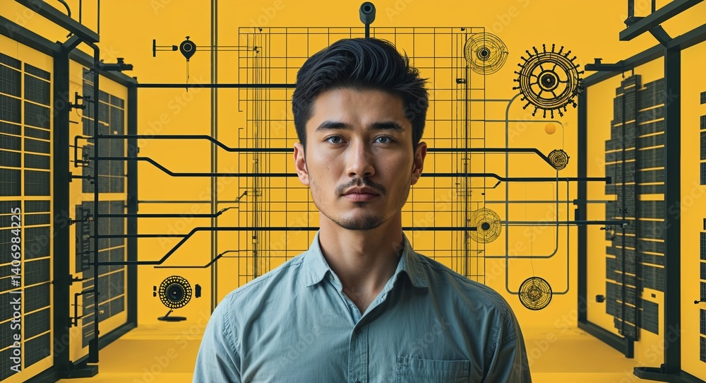 Aufkleber caucasian man on yellow theme neural system grid background design template banner with copy space