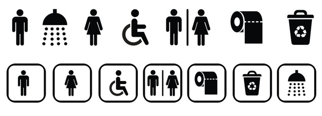 WC icon set. Toilet, restroom, man and woman, bathroom, disabled, dumpster, toilet paper, infant - stock vector.