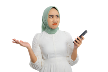 Confused young Asian woman in green hijab and white blouse holding smartphone while gesturing in disbelief with hand raised isolated on transparent background