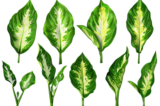 Dieffenbachia leaves with vibrant green hues and central light green variegation are arranged against a transparent background