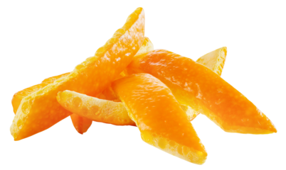 Orange isolated png. Orange zest on transparent background. Orang fruit peel no background. Full depth of field. Sliced orange fruit skin. Transparent png