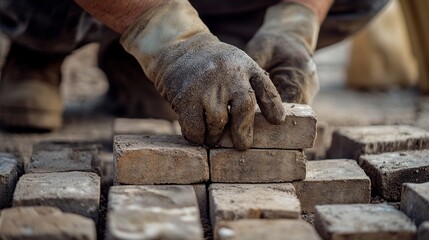 Mason laying bricks for an outdoor fireplace. Featuring masonry construction