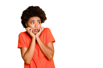 Copyspace photo of terrified stupor shocked crazy mad girlfriend scared of something she sees while isolated over yellow vibrant color background