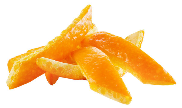 Orange isolated png. Orange zest on transparent background. Orang fruit peel no background. Full depth of field. Sliced orange fruit skin. Transparent png