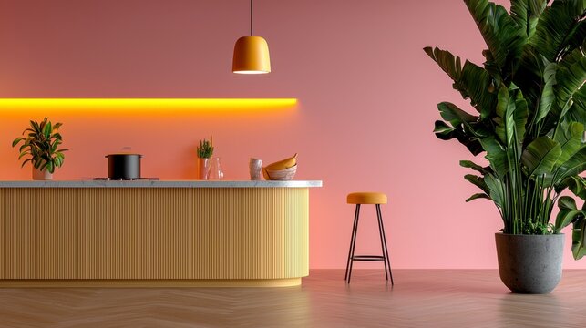 This kitchen interior exudes a calming and inviting atmosphere, blending comfort with modern design elements The plush seating arrangement creates a cozy nook perfect for relaxed dining or casual