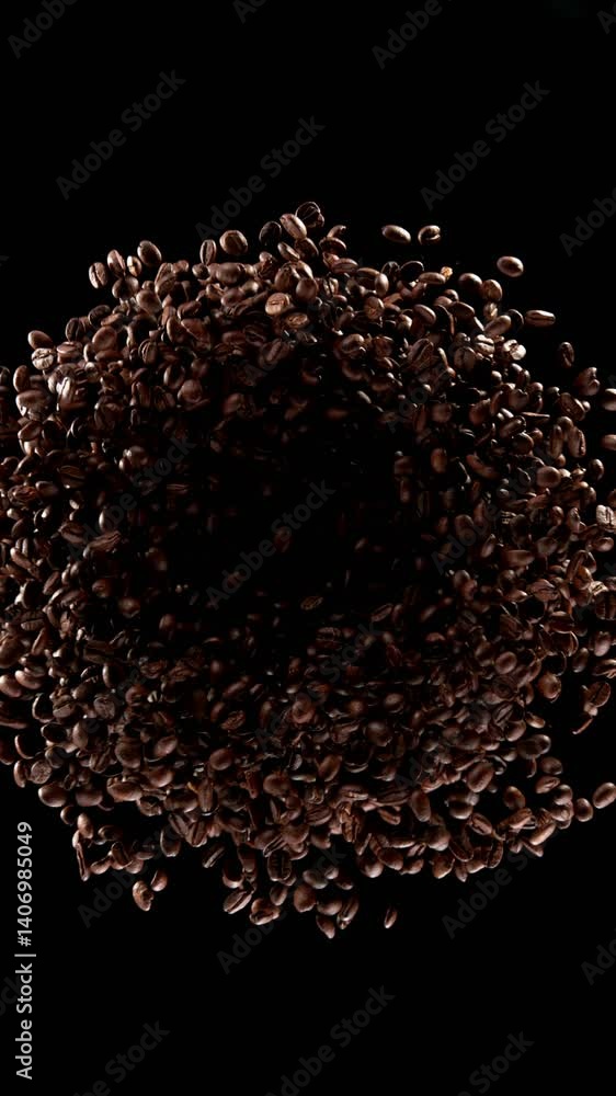 Poster super slow motion of rotating coffee beans. ultimate composition and motion. filmed on high speed ci