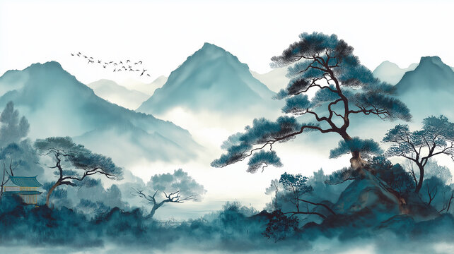 ゆゆ　水墨画 山水画 風景画 五枚まとめ 大野正行 『水墨山水』 色紙 絵画 日本画 墨絵 風景 メール便