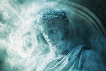 Obraz premium A serene classical statue shrouded in ethereal mist, evokes mystery and ancient grandeur.