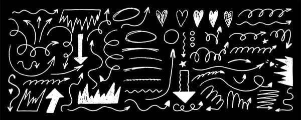 Arrow bold sketch with texture crayon chalk. Scribble hand drawn set arrow and underline. Underline crayon chalk set, Vector illustration