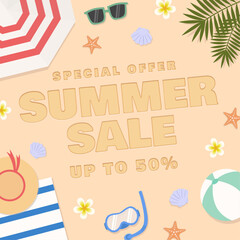 Summer sale offer discount with summer beach items for social media and shopping event promotions. Vector illustration summer sale with beach theme.